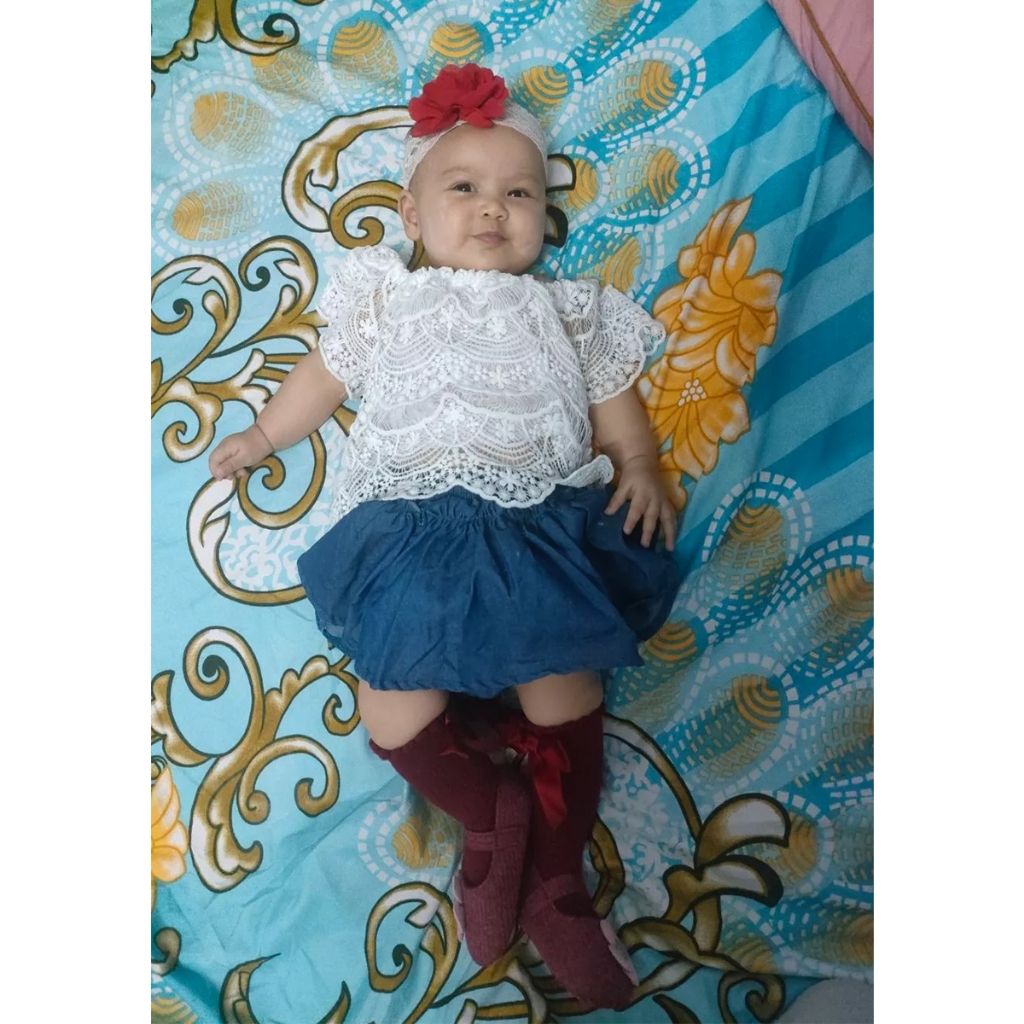 Bộ trang phục 2 món cho bé gái 0-3 tuổi, Áo ren hở vai xù xì + Bộ quần short váy Tutu Denim