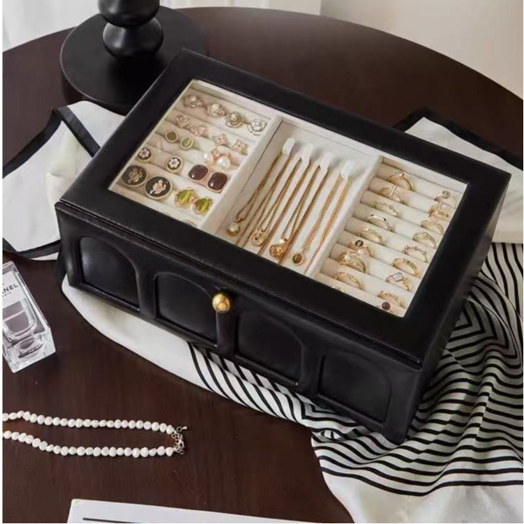 Hộp Đựng Trang Sức Có Nắp Thủy Tinh Trong Suốt Da Chức Năng Bảo Quản Trang Sức Hộp Đựng 2 Ngăn Kéo Cho Nữ Bé Gái Vòng Cổ Vòng Tay Bông Tai