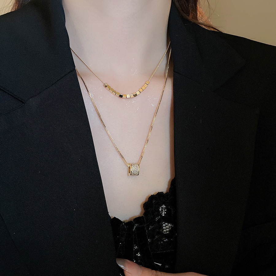 Vòng cổ hai lớp mạ vàng 18k zircon phong cách mới chuỗi xương đòn nhẹ sang trọng cao cấp choker