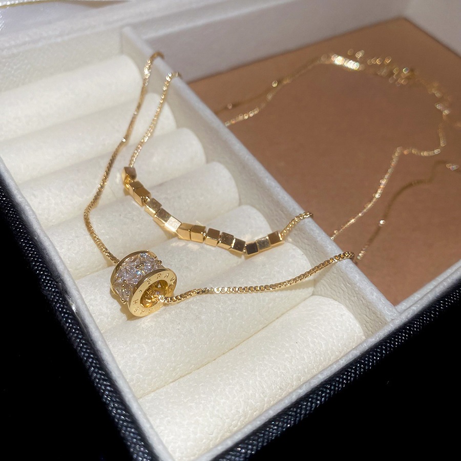 Vòng cổ hai lớp mạ vàng 18k zircon phong cách mới chuỗi xương đòn nhẹ sang trọng cao cấp choker