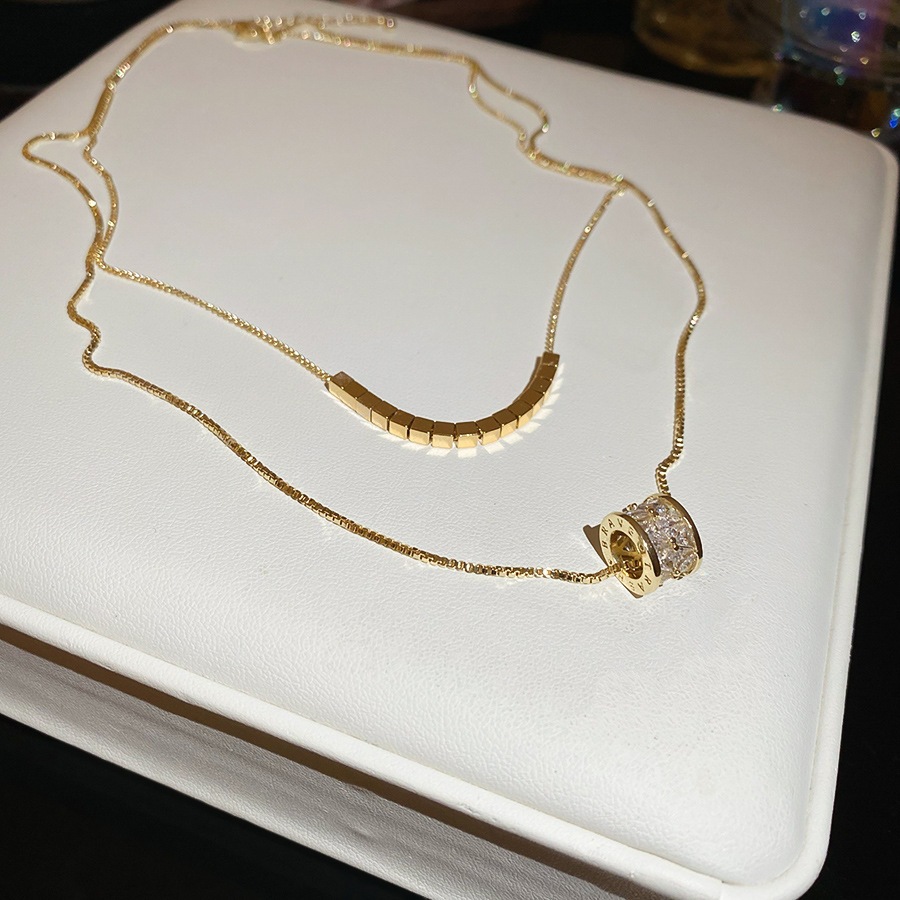 Vòng cổ hai lớp mạ vàng 18k zircon phong cách mới chuỗi xương đòn nhẹ sang trọng cao cấp choker