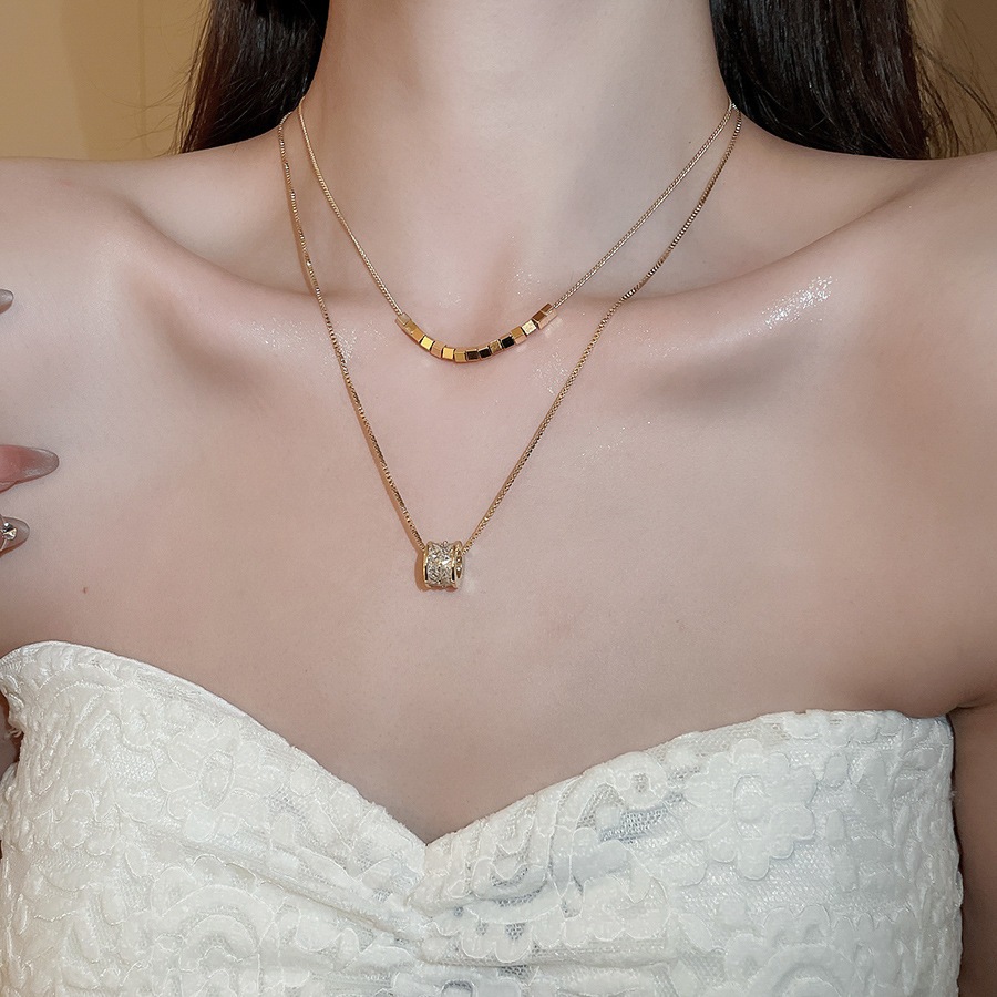 Vòng cổ hai lớp mạ vàng 18k zircon phong cách mới chuỗi xương đòn nhẹ sang trọng cao cấp choker