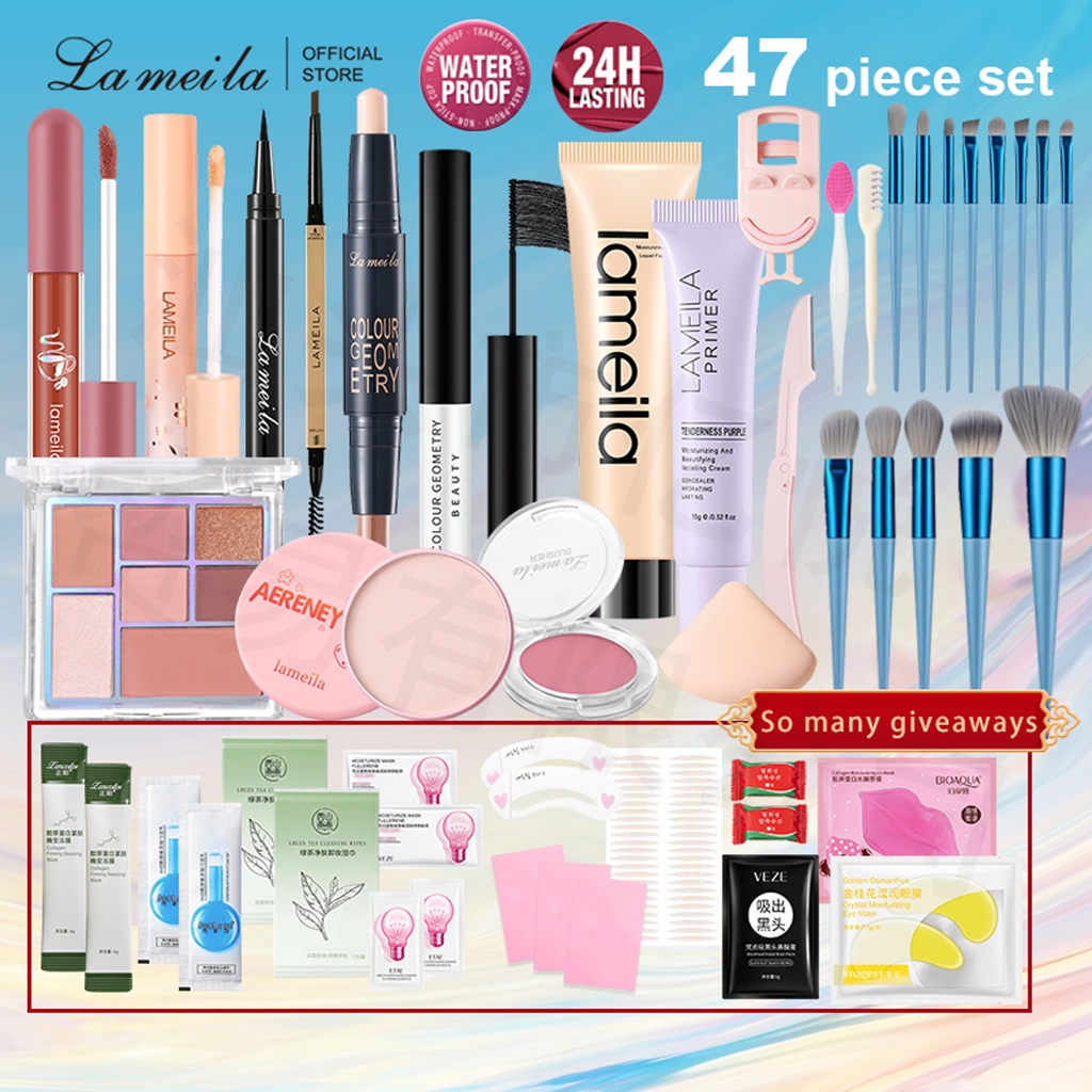 Ảnh Lameila 47 Miếng Trang Điểm Mặt Bộ Mỹ Phẩm Phấn Mắt Bột Rời Cọ Trang Điểm Son Môi Uốn Mi Mascara Lâu Dài Chống Thấm Nước Người Mới 1