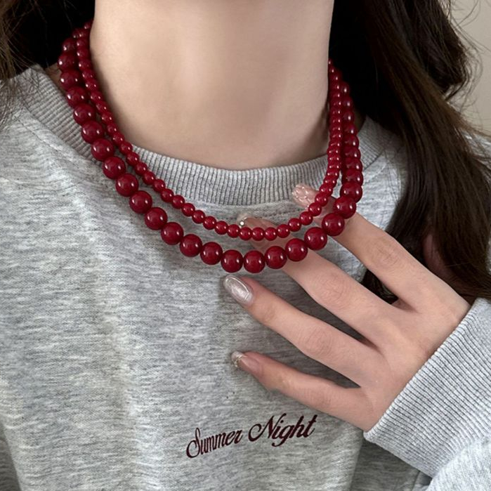 Encore vòng cổ đính cườm đỏ dành cho nữ thiết kế thích hợp hàng ngày dễ dàng phù hợp với chuỗi xương đòn retro phụ kiện cảm giác cao cấp