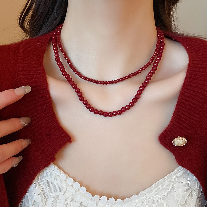 Encore vòng cổ đính cườm đỏ dành cho nữ thiết kế thích hợp hàng ngày dễ dàng phù hợp với chuỗi xương đòn retro phụ kiện cảm giác cao cấp