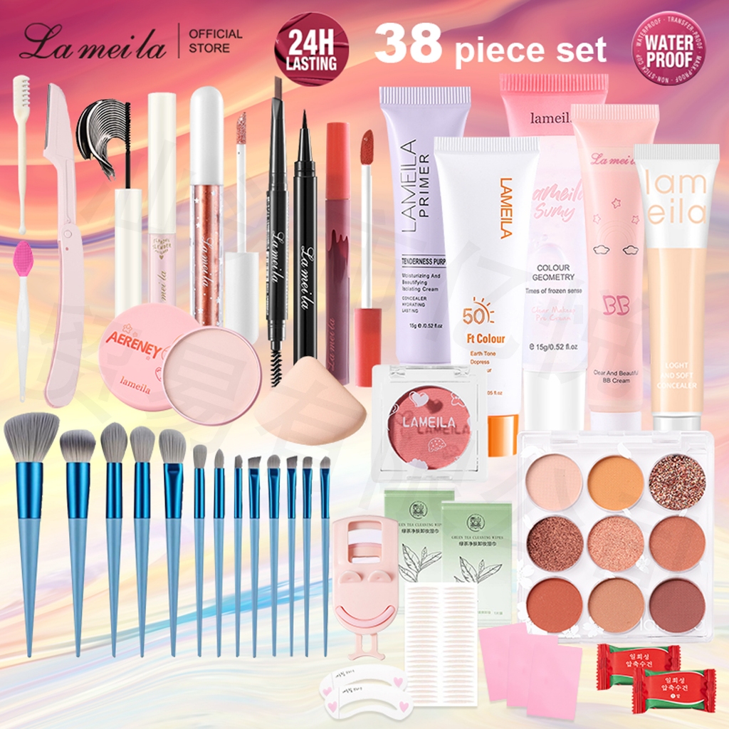 Ảnh Lameila 38 Miếng Trang Điểm Mặt Bộ Mỹ Phẩm Bút Kẻ Mắt Son Môi Phấn Mắt Cọ Trang Điểm BB Kem Chống Nắng Kem Tông Đơ Lông Mày Chống Thấm Nước Người Mới Bắt Đầu Phải Có 1