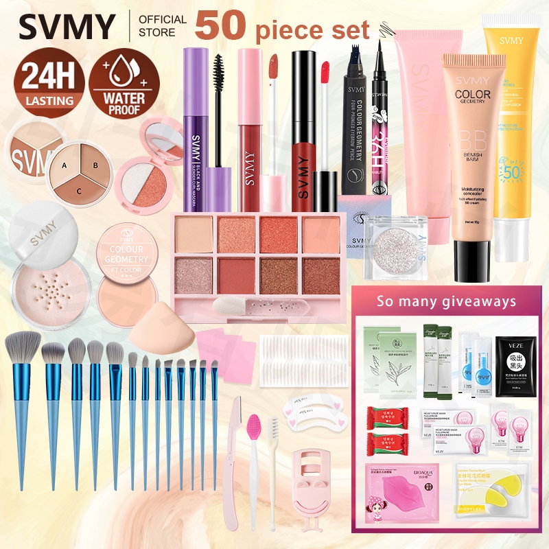 Ảnh Svmy 50 Miếng Trang Điểm Mặt Mỹ Phẩm Bộ Kem Chống Nắng Ép Kem Nền Phấn Mắt Cọ Trang Điểm Son Môi Bút Chì Lông Mày Người Mới Chống Thấm Nước Chống Mồ Hôi 1