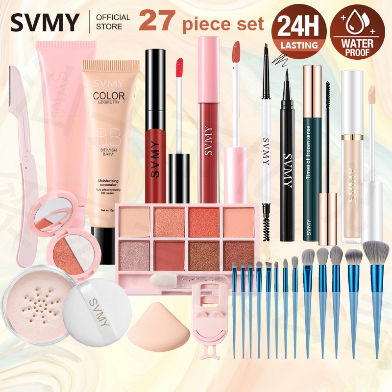 Ảnh Svmy 27 Miếng Mỹ Phẩm Bộ Trang Điểm Mặt Kem Che Khuyết Điểm Bút Kẻ Mắt Dạng Lỏng Phấn Mắt Cọ Trang Điểm Lip Glaze Máy Uốn Mi Chống Thấm Nước Chống Mồ Hôi Lâu Dài Màu Sắc Render 1