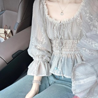Thời trang Hàn Quốc Nữ dài tay cổ điển eo thon gọn áo sơ mi ren giản dị áo sơ mi