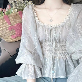 Thời trang Hàn Quốc Nữ dài tay cổ điển eo thon gọn áo sơ mi ren giản dị áo sơ mi