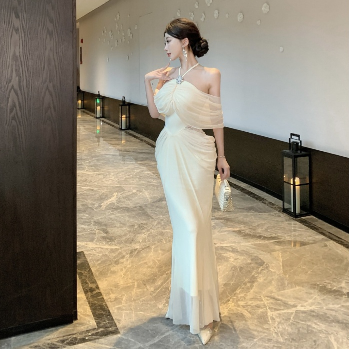 Off-white Voan Tube Top Váy Dài Nữ Slim-fit Thiết Kế Cao Cấp Một Dòng Cổ Không Tay Ren Khâu