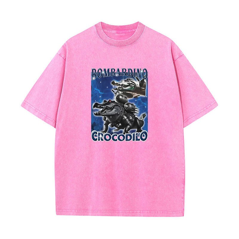 Áo thun Bombardier Crocodilo Ngộ nghĩnh Meme Cá Sấu Máy Bay Ném Bom Ý Brainrot Áo nam Rửa Vintage Cotton Tay Ngắn Áo Sơ Mi Cao Cấp