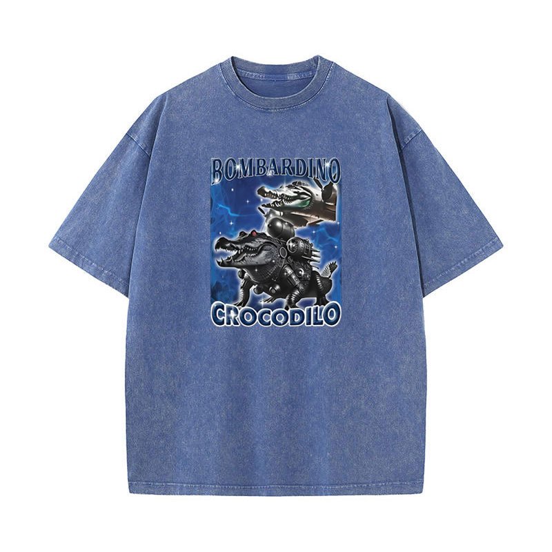 Áo thun Bombardier Crocodilo Ngộ nghĩnh Meme Cá Sấu Máy Bay Ném Bom Ý Brainrot Áo nam Rửa Vintage Cotton Tay Ngắn Áo Sơ Mi Cao Cấp