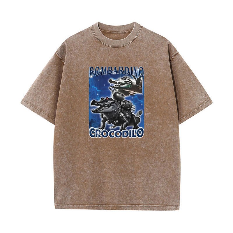 Áo thun Bombardier Crocodilo Ngộ nghĩnh Meme Cá Sấu Máy Bay Ném Bom Ý Brainrot Áo nam Rửa Vintage Cotton Tay Ngắn Áo Sơ Mi Cao Cấp