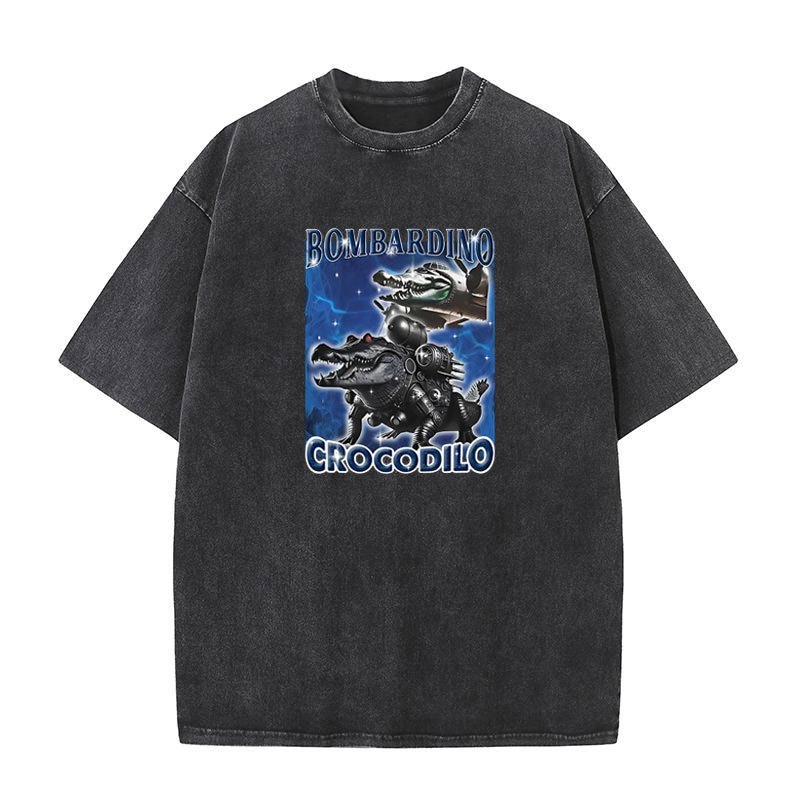 Áo thun Bombardier Crocodilo Ngộ nghĩnh Meme Cá Sấu Máy Bay Ném Bom Ý Brainrot Áo nam Rửa Vintage Cotton Tay Ngắn Áo Sơ Mi Cao Cấp