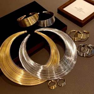 Bộ trang sức kim loại nhiều lớp 4 món gồm vòng cổ, vòng tay, bông tai phong cách châu Âu