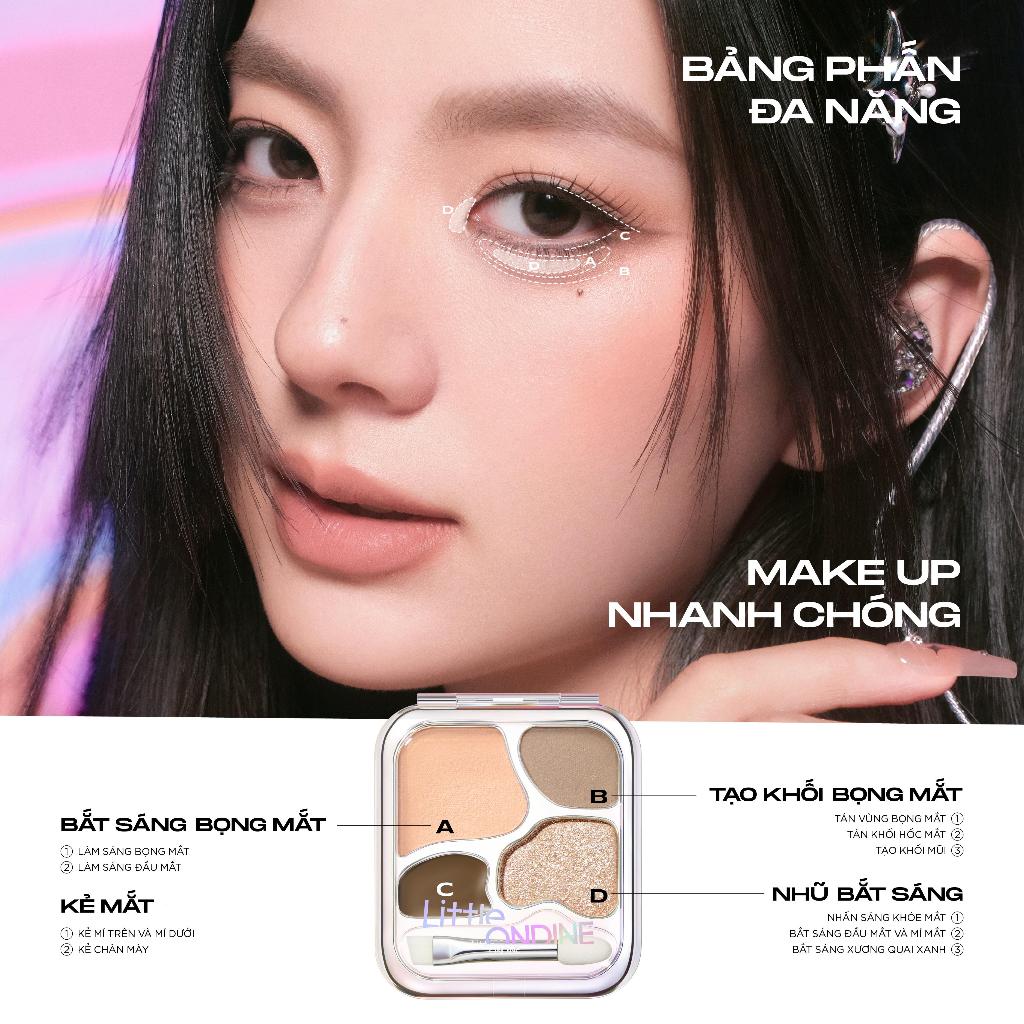 Little Ondine Bảng phấn tạo bọng mắt 4 màu  mịn lì, kèm nhũ lấp lánh bắt sáng 4.5g