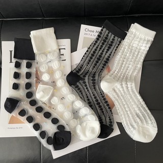 [Tất nữ oklife] Vớ pha lê trong suốt siêu mỏng hoa Jacquard Tất thủy tinh lụa đen trắng hoa giữa ống