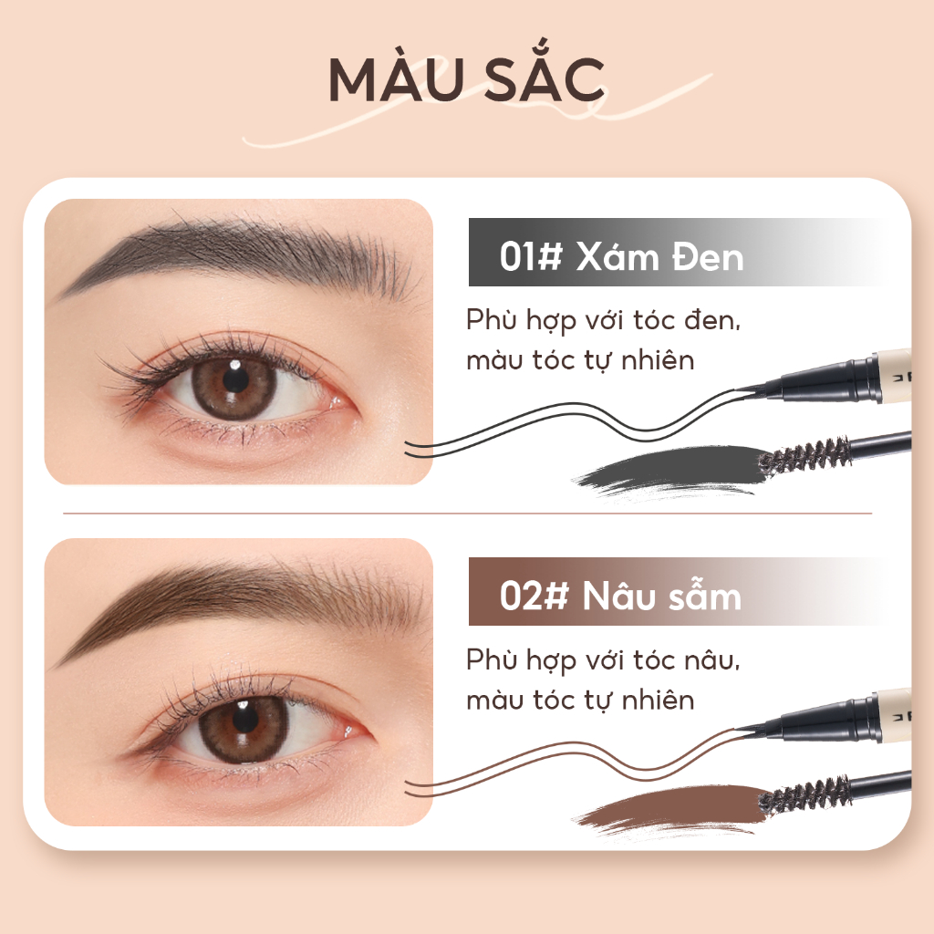 FelinWel - Bút Kẻ Chân Mày 2 Đầu (Dạng Lỏng + Gel Màu) Không Thấm Nước Lâu Trôi, Thuần Chay, Dễ Dùng Cho Người Mới