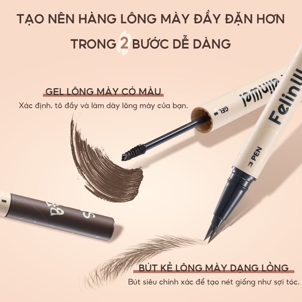FelinWel - Bút Kẻ Chân Mày 2 Đầu (Dạng Lỏng + Gel Màu) Không Thấm Nước Lâu Trôi, Thuần Chay, Dễ Dùng Cho Người Mới