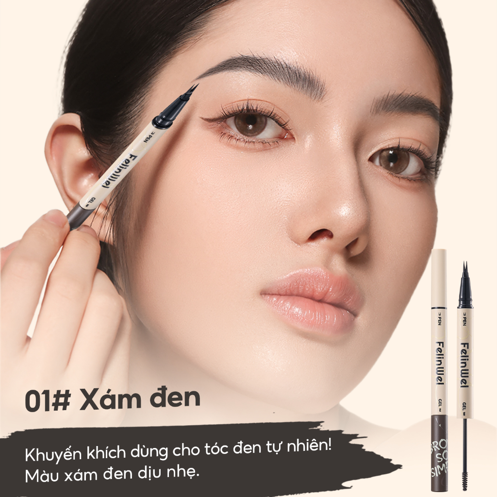 FelinWel - Bút Kẻ Chân Mày 2 Đầu (Dạng Lỏng + Gel Màu) Không Thấm Nước Lâu Trôi, Thuần Chay, Dễ Dùng Cho Người Mới