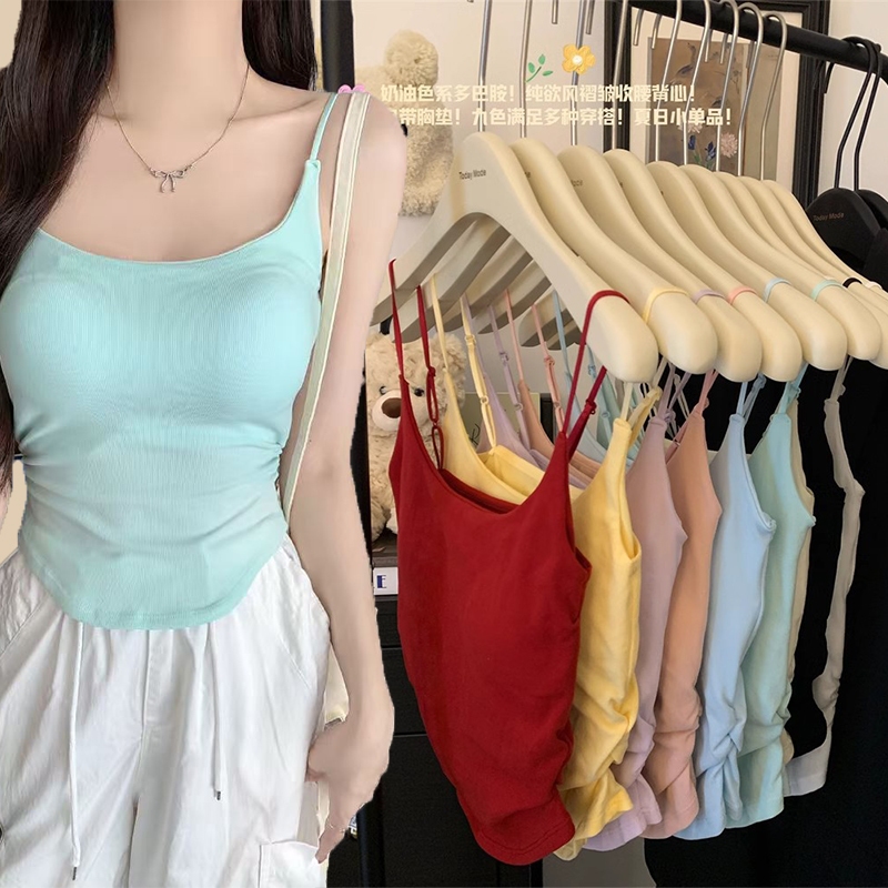 AOWEINISI Áo Dây Xếp Ly Có Đệm Ngực - Đa Sắc Mặc Lớp Phong Cách Y2K