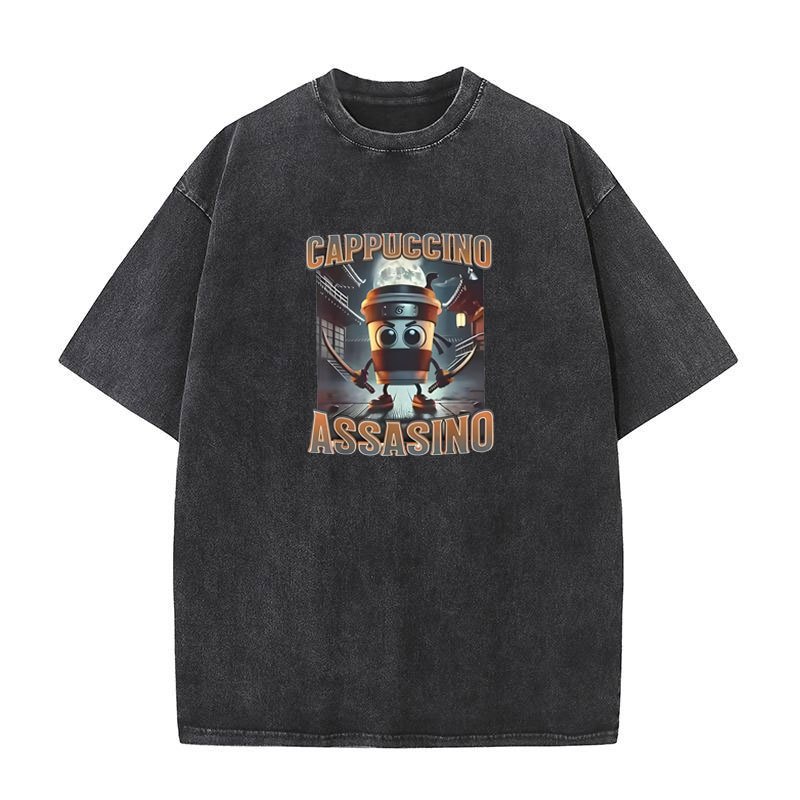 Cappuccino Assassino Áo Retro Ý Brainrot Meme Đồ Họa Áo nam Nữ Rửa Vintage Thời Trang 100% Cotton Mùa Hè Mềm Mại Rời Unisex Tee Áo