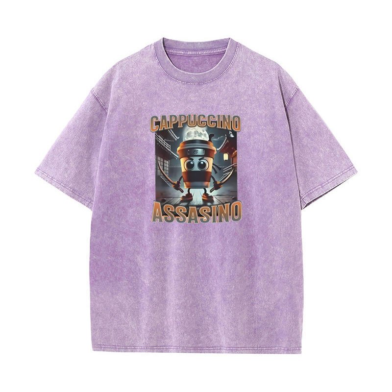 Cappuccino Assassino Áo Retro Ý Brainrot Meme Đồ Họa Áo nam Nữ Rửa Vintage Thời Trang 100% Cotton Mùa Hè Mềm Mại Rời Unisex Tee Áo