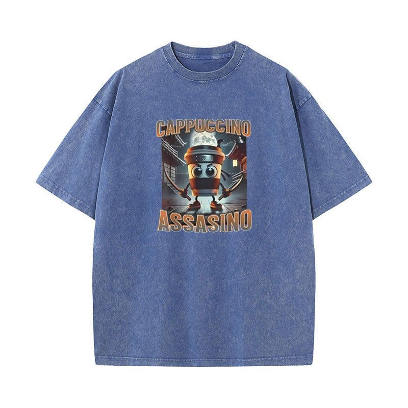 Cappuccino Assassino Áo Retro Ý Brainrot Meme Đồ Họa Áo nam Nữ Rửa Vintage Thời Trang 100% Cotton Mùa Hè Mềm Mại Rời Unisex Tee Áo