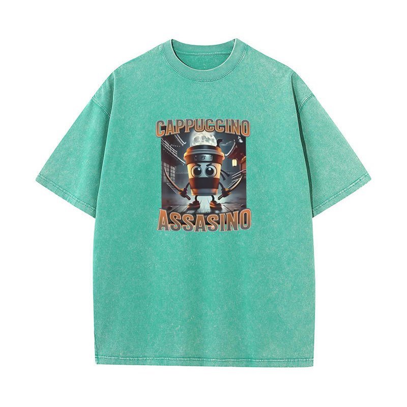 Cappuccino Assassino Áo Retro Ý Brainrot Meme Đồ Họa Áo nam Nữ Rửa Vintage Thời Trang 100% Cotton Mùa Hè Mềm Mại Rời Unisex Tee Áo