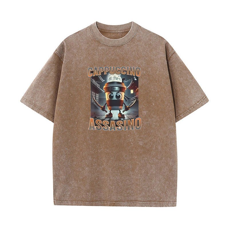 Cappuccino Assassino Áo Retro Ý Brainrot Meme Đồ Họa Áo nam Nữ Rửa Vintage Thời Trang 100% Cotton Mùa Hè Mềm Mại Rời Unisex Tee Áo