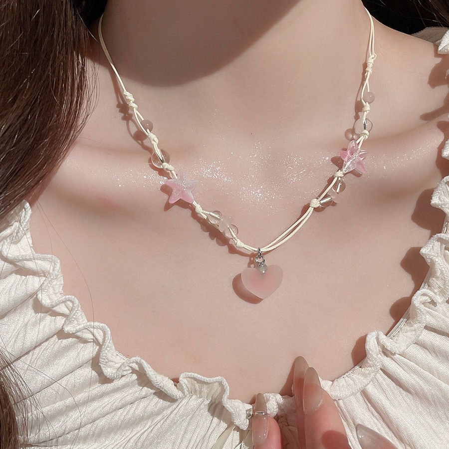 Vòng cổ chocker màu hồng mờ với hình trái tim và ngôi sao, dễ dàng điều chỉnh - Phong cách nữ kawaii Y2K