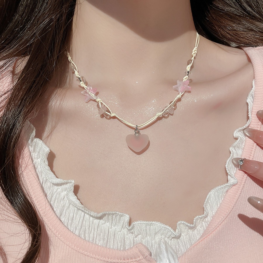 Vòng cổ chocker màu hồng mờ với hình trái tim và ngôi sao, dễ dàng điều chỉnh - Phong cách nữ kawaii Y2K