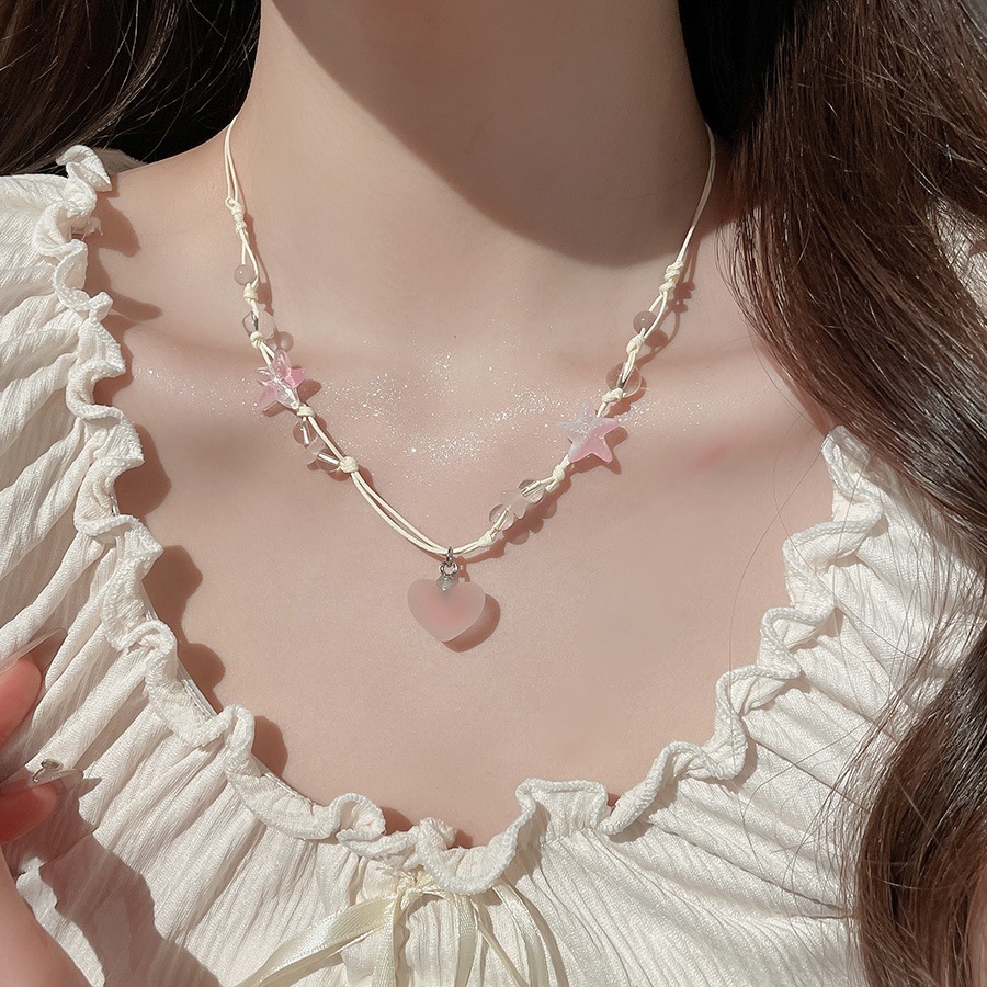 Vòng cổ chocker màu hồng mờ với hình trái tim và ngôi sao, dễ dàng điều chỉnh - Phong cách nữ kawaii Y2K