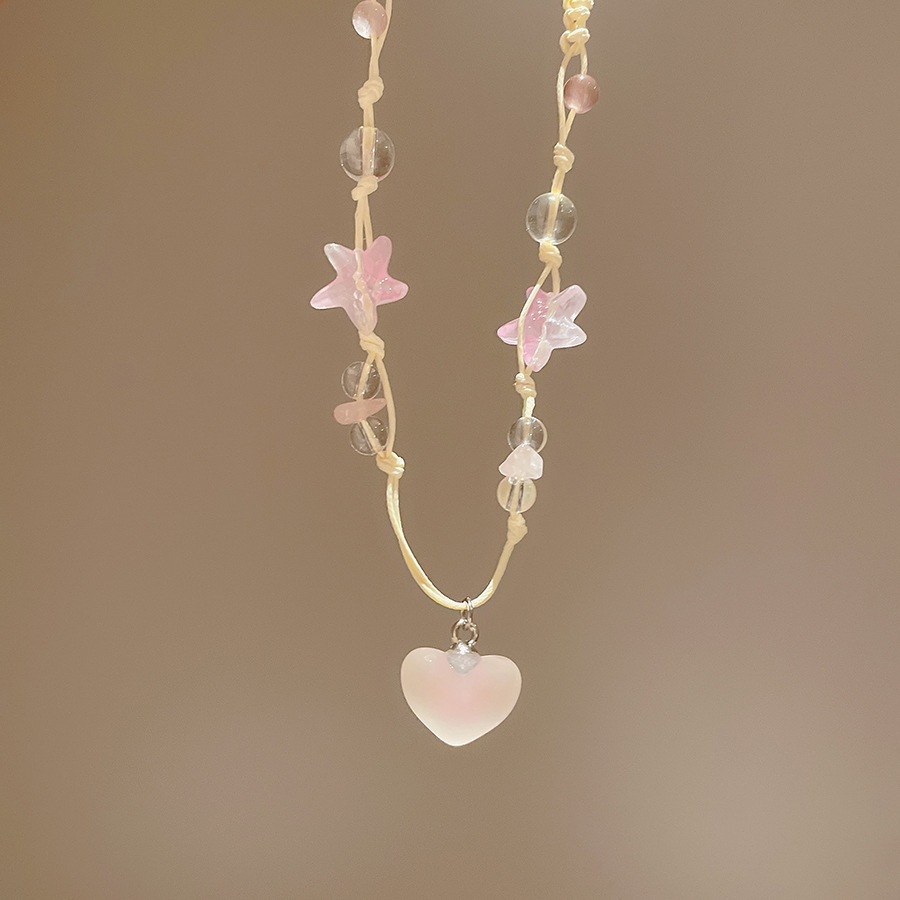 Vòng cổ chocker màu hồng mờ với hình trái tim và ngôi sao, dễ dàng điều chỉnh - Phong cách nữ kawaii Y2K