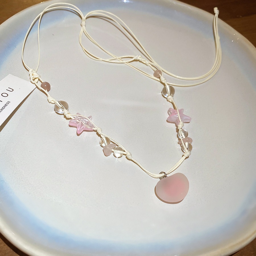 Vòng cổ chocker màu hồng mờ với hình trái tim và ngôi sao, dễ dàng điều chỉnh - Phong cách nữ kawaii Y2K