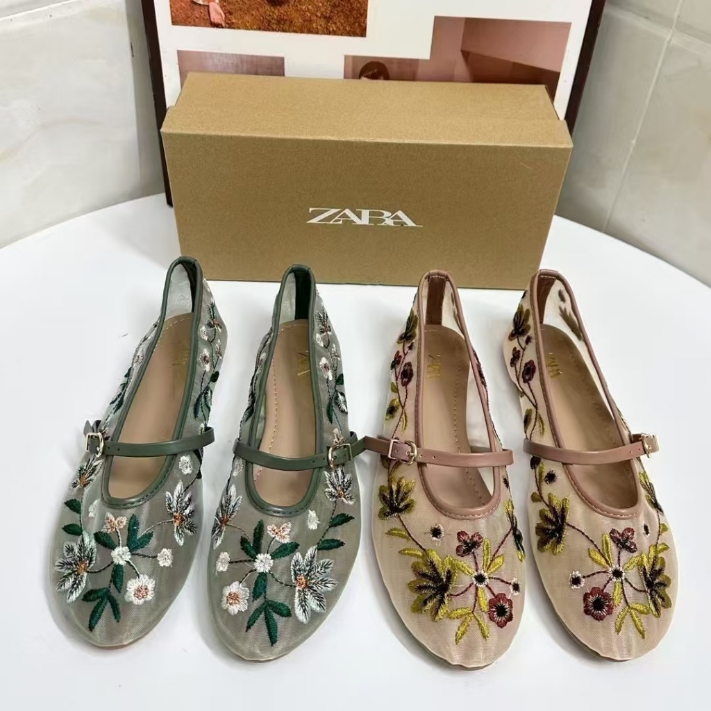 Giày bệt ba lê thêu cát mũi tròn ZARA dành cho nữ