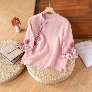 Phụ Nữ Phong Cách Trung Hoa Cotton Mới Retro Áo Sơ Mi Sườn Xám Khóa Áo Sơ Mi Thêu Áo Top Plus Kích Thước