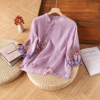 Phụ Nữ Phong Cách Trung Hoa Cotton Mới Retro Áo Sơ Mi Sườn Xám Khóa Áo Sơ Mi Thêu Áo Top Plus Kích Thước