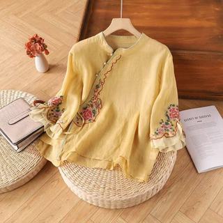 Phụ Nữ Phong Cách Trung Hoa Cotton Mới Retro Áo Sơ Mi Sườn Xám Khóa Áo Sơ Mi Thêu Áo Top Plus Kích Thước
