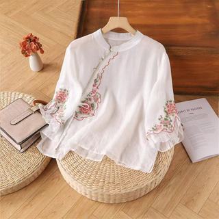 Phụ Nữ Phong Cách Trung Hoa Cotton Mới Retro Áo Sơ Mi Sườn Xám Khóa Áo Sơ Mi Thêu Áo Top Plus Kích Thước