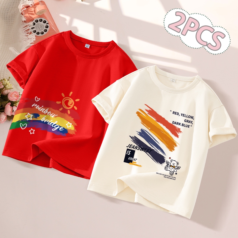 W.G.Q Áo thun bé trai , vải Cotton nguyên chất mềm mại thoải mái, thấm mồ hôi thoáng khí với Rainbo