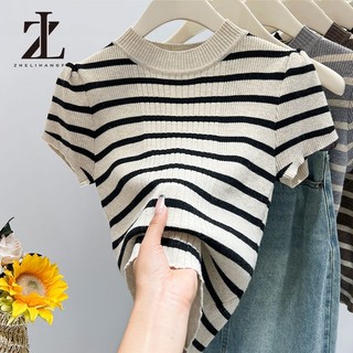ZHELIHANGFEI Áo len dệt kim ngắn tay sọc tương phản tối giản mùa hè
