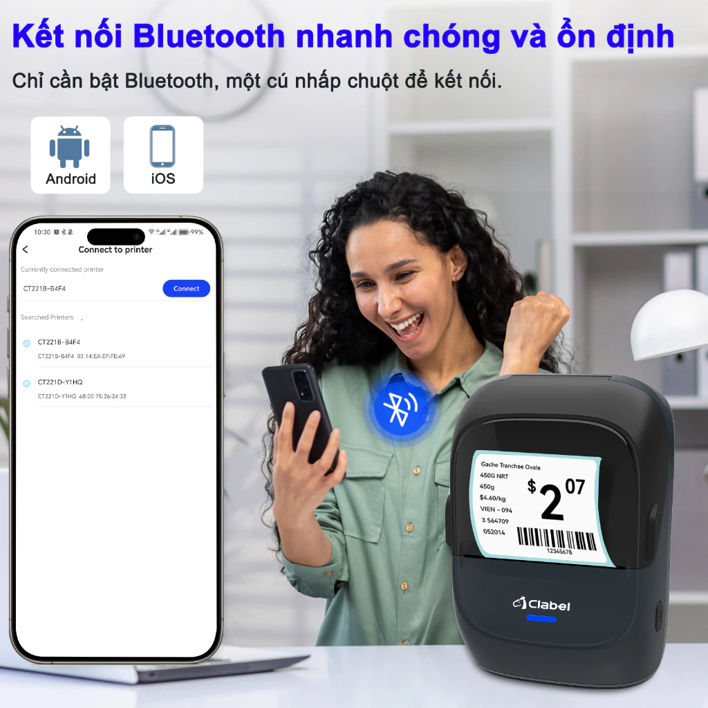 CLABEL 221B Máy in nhãn, Nhiệt, Hỗ trợ Bluetooth, tương thích với hệ thống Android / iOS / Windows