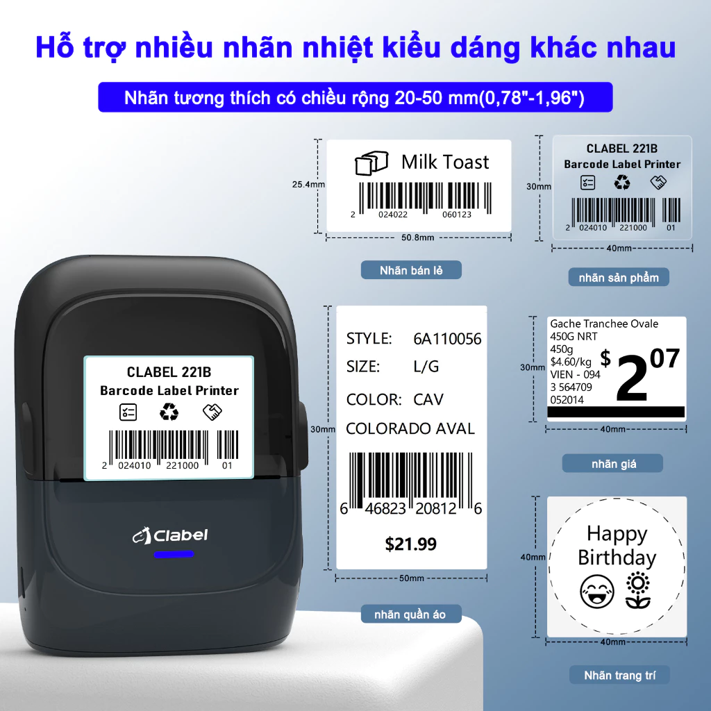 CLABEL 221B Máy in nhãn, Nhiệt, Hỗ trợ Bluetooth, tương thích với hệ thống Android / iOS / Windows