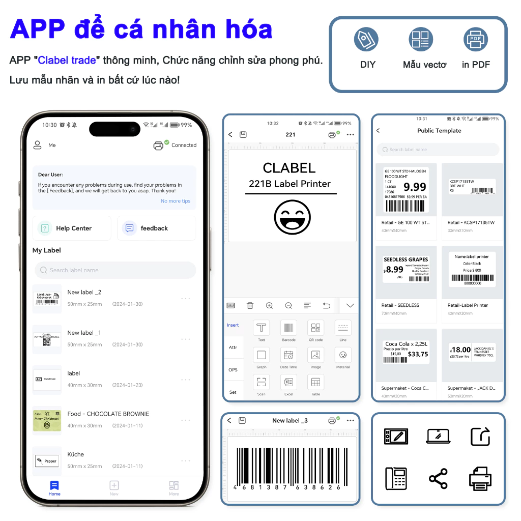 CLABEL 221B Máy in nhãn, Nhiệt, Hỗ trợ Bluetooth, tương thích với hệ thống Android / iOS / Windows