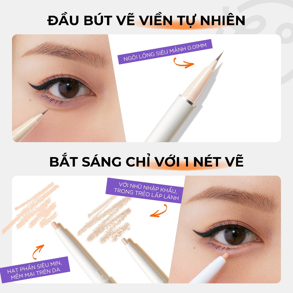 Little Ondine Bút tạo bọng mắt 2 đầu  Kèm nhũ bắt sáng hỗ trợ kẻ viền mắt dưới và tạo bọng mắt tự nhiên 350mg+200mg