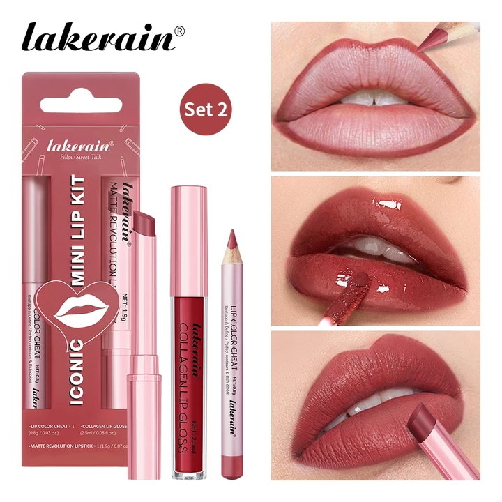 Lakerain 3 Trong 1 Silky Smooth Lipliner Lipgloss Và Son Môi Bộ Với Màu Sắc Cao Son Môi Nhung Dưỡng Ẩm Son Bóng Và Kem Son Lót Môi