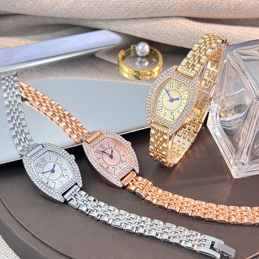 Đồng hồ nữ thời trang Mặt số hình thùng với đồng hồ nữ bằng thép không gỉ dát kim cương