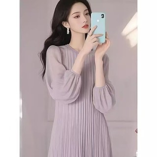 Hàn Quốc Sty Le Nữ Puff Dài Tay Voan Xếp Ly Xoay Maxi Đầm Dự Tiệc Dài Hàng Sẵn Có